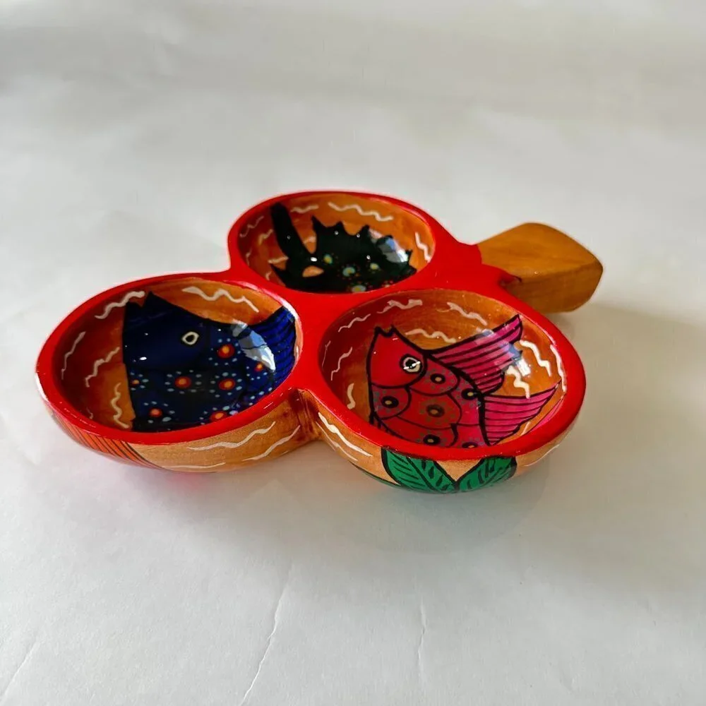 Triple Tri-Bowl Condiment Salsa Dip Mexican Hand Painted Wood Server Dish